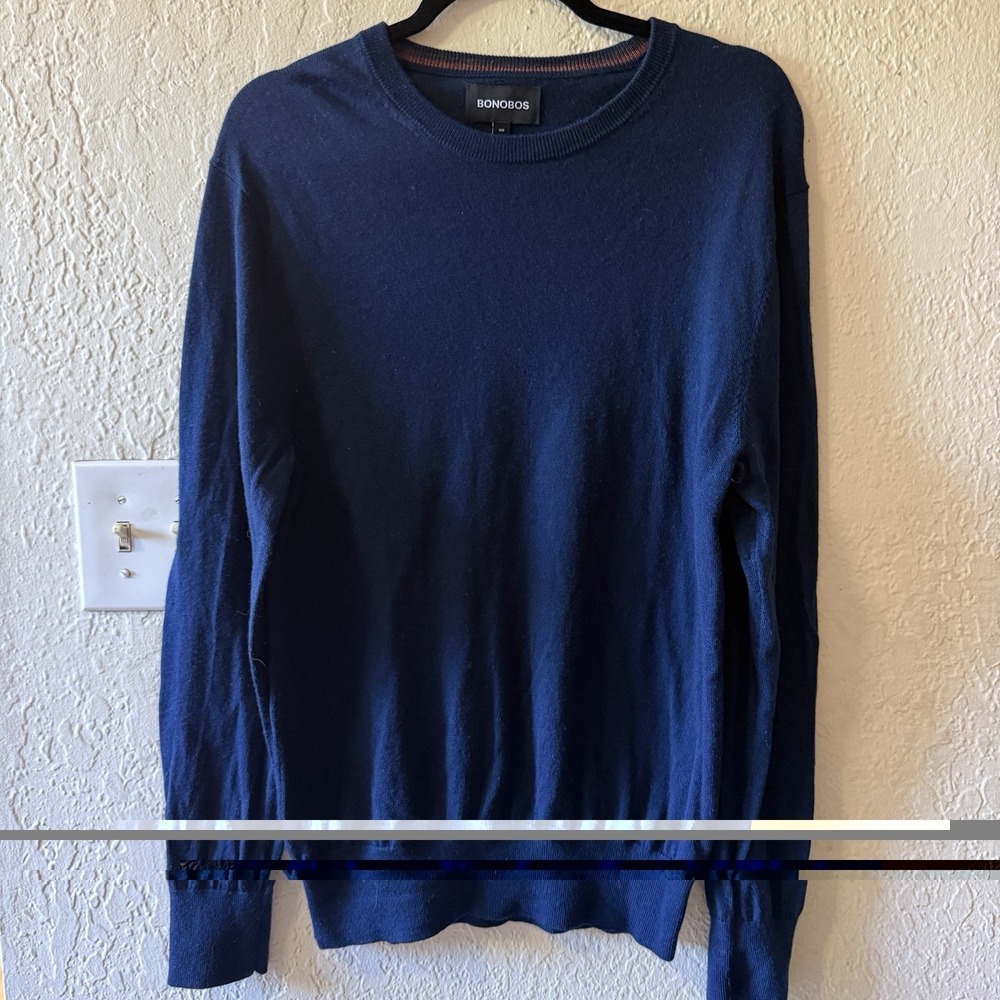Bonobos Sweater Mens Large Navy Merino Wool Crew‎ Long Sleeve Jumper Lightweight